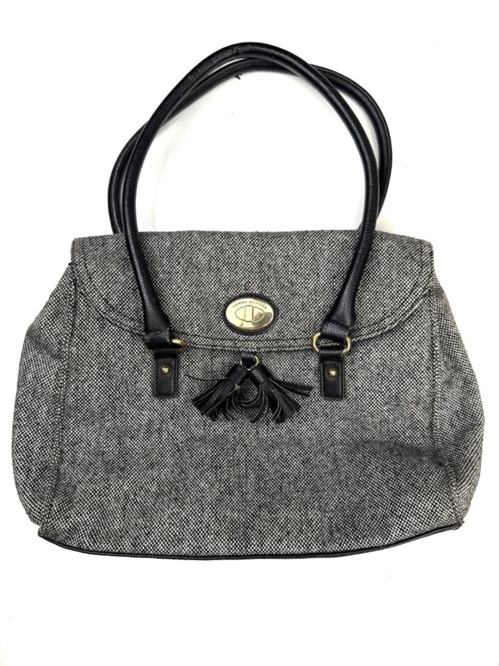 TOMMY HILFIGER Black White Herringbone Tassel Travel Shoulder‎ Bag
